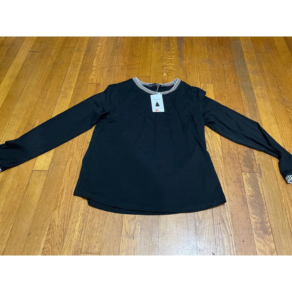 ZESICA Women Black Long Sleeve Pleated Front Top Striped Trim Crew Neck Size M